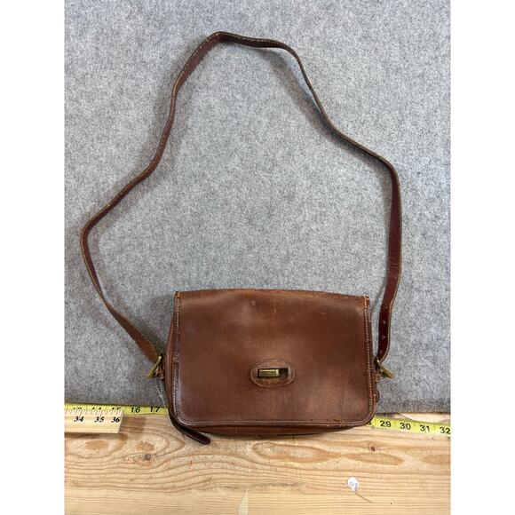 Vintage 80s Dooney & Bourke All Weather Leather Saddle Bag Turn Lock Green Brown - Picture 2 of 8